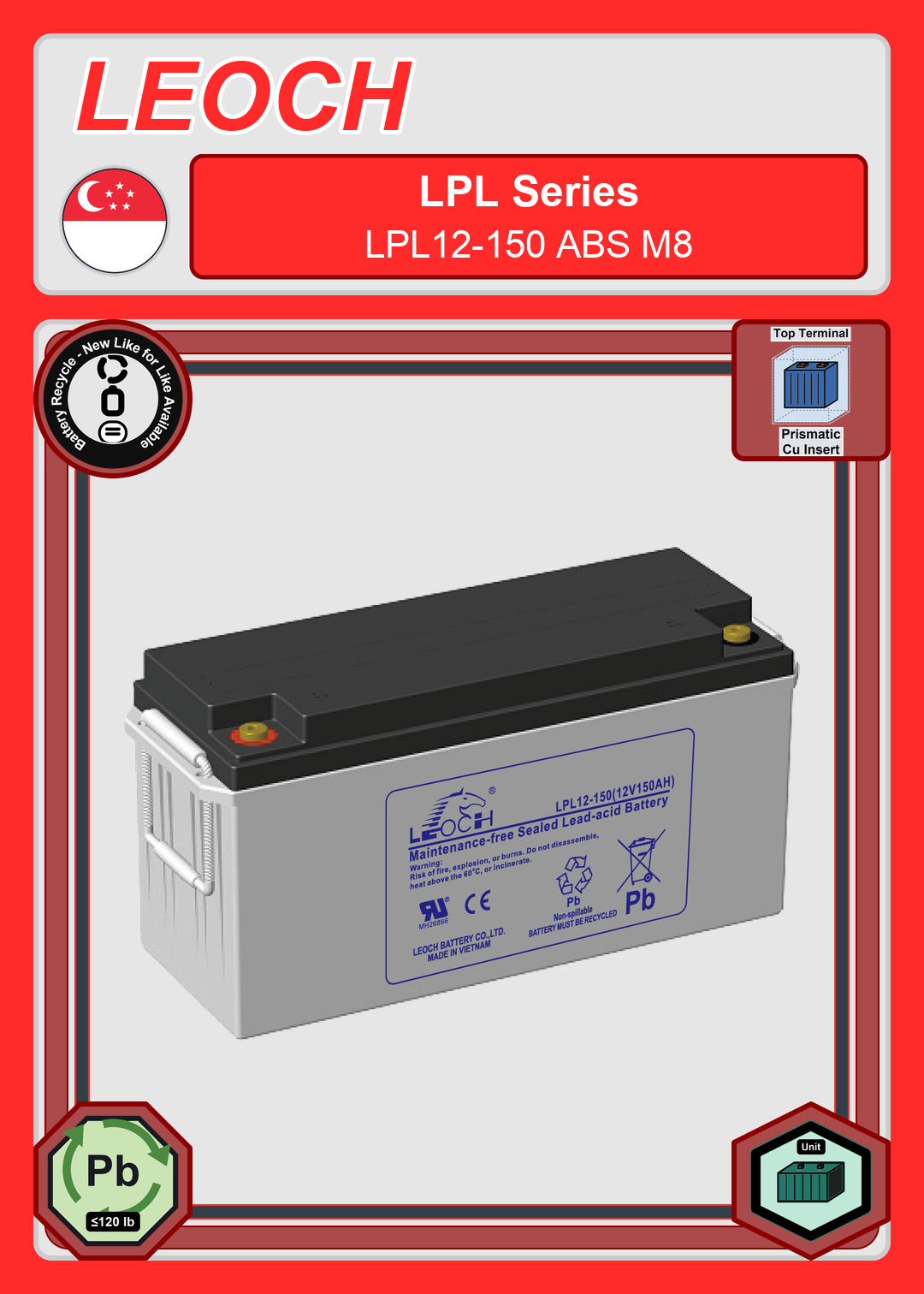 Battery Recycle Leoch Battery LPL Series LPL12 150 ABS M8