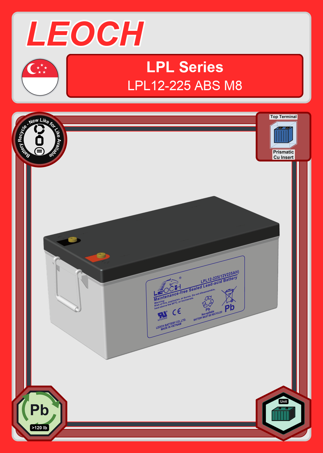 Battery Recycle Leoch Battery LPL Series LPL12 225 ABS M8