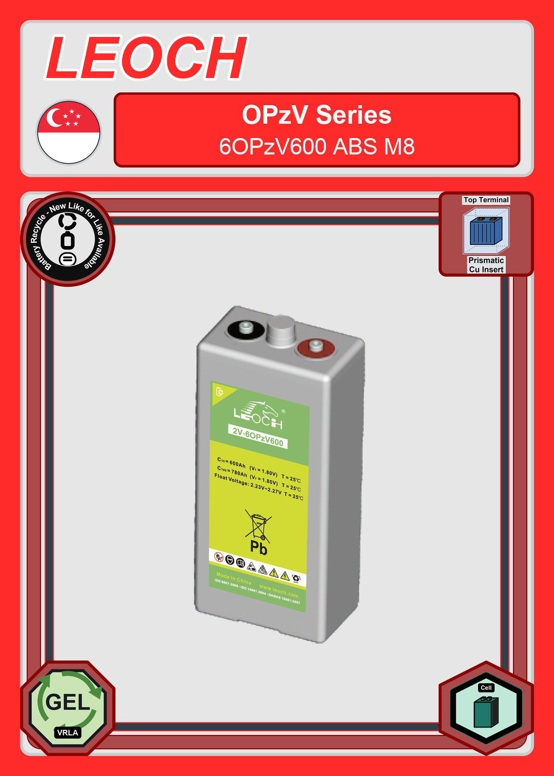 Battery Recycle Leoch Battery OPzV Series 6OPzV600 ABS M8