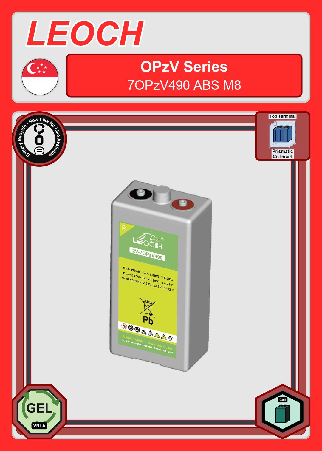 Battery Recycle Leoch Battery OPzV Series 7OPzV490 ABS M8