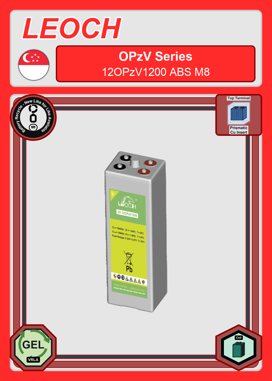 Battery Recycle Leoch Battery OPzV Series 12OPzV1200 ABS M8