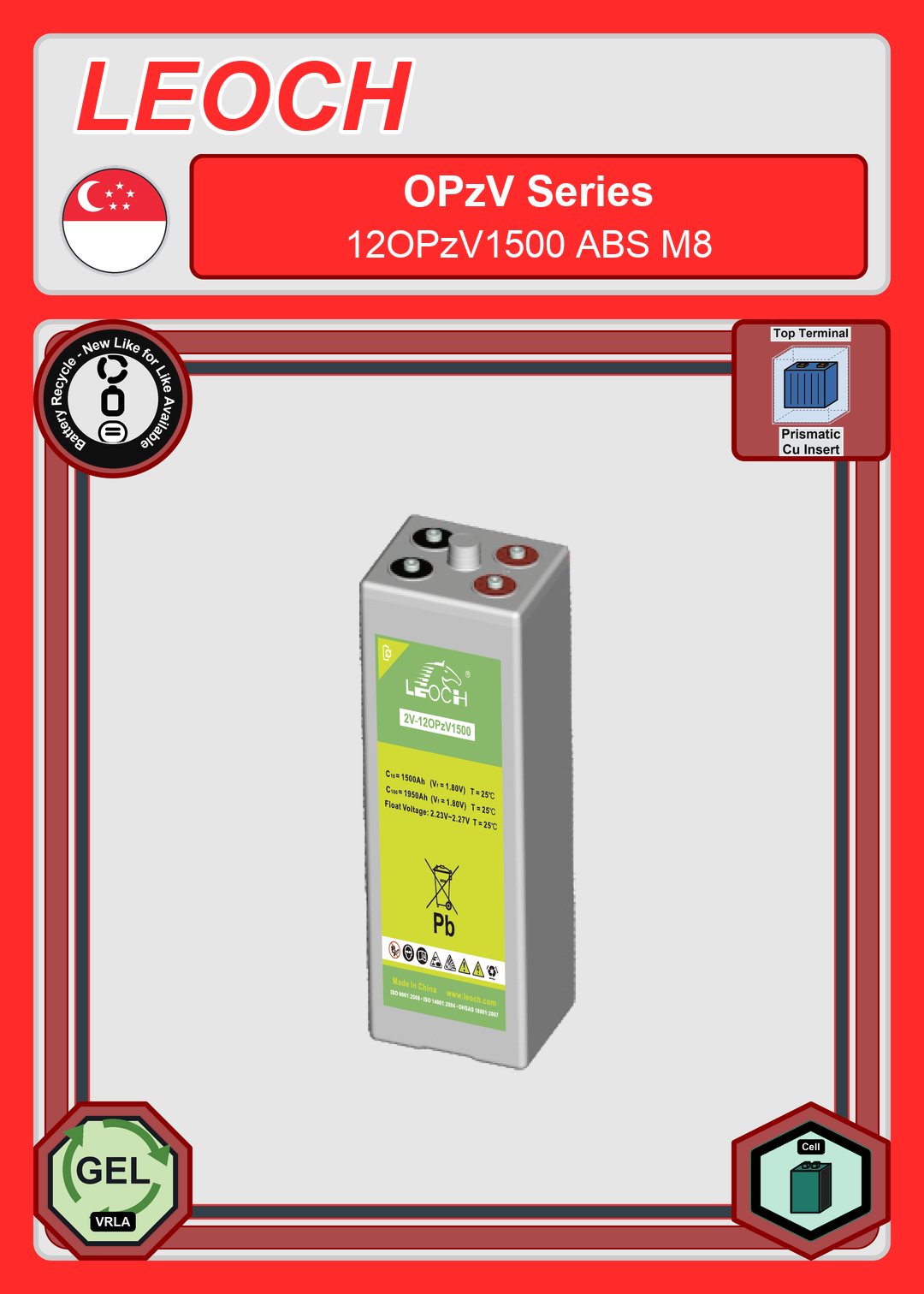 Battery Recycle Leoch Battery OPzV Series 12OPzV1500 ABS M8