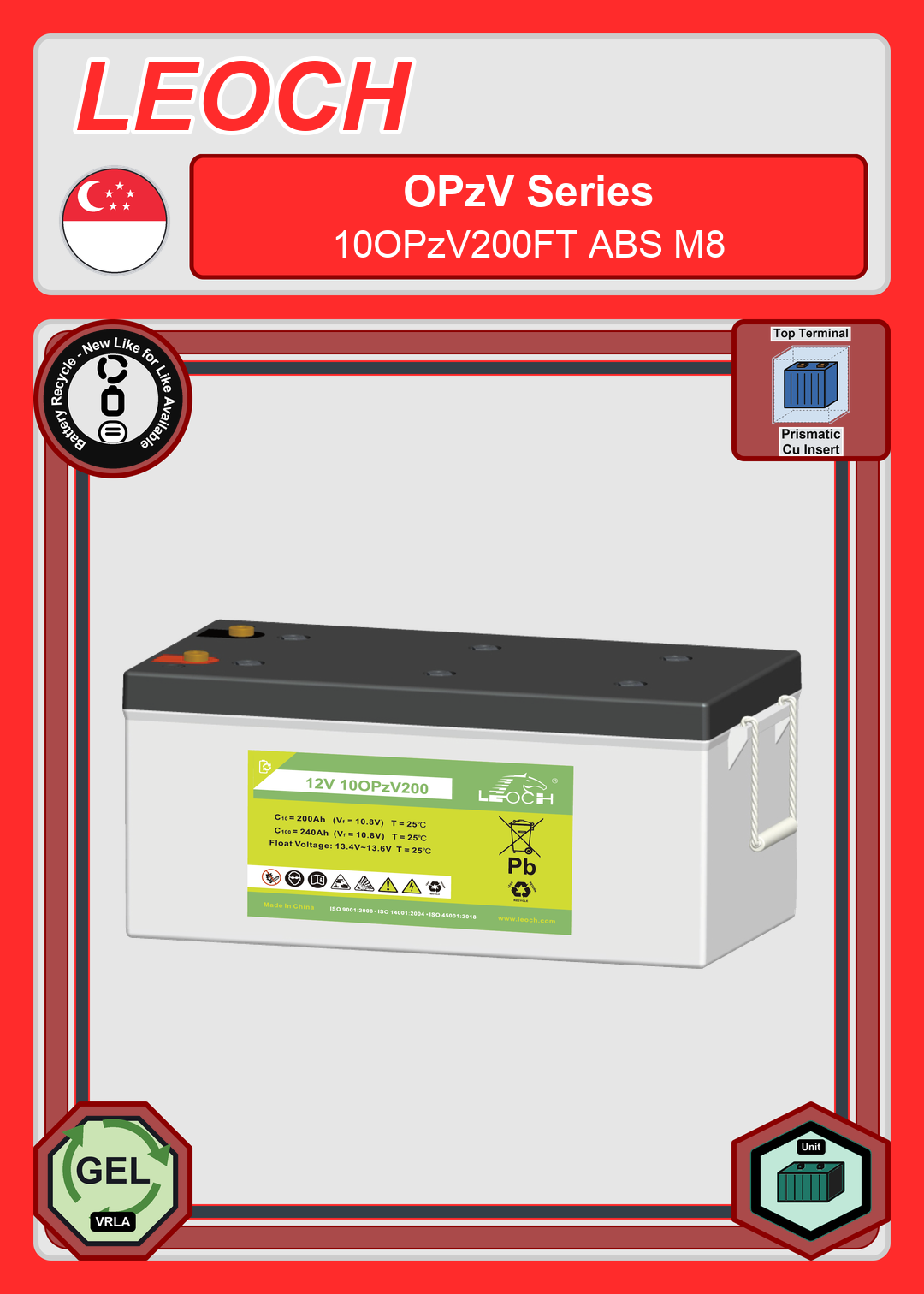 Battery Recycle Leoch Battery OPzV Series 10OPzV200FT ABS M8