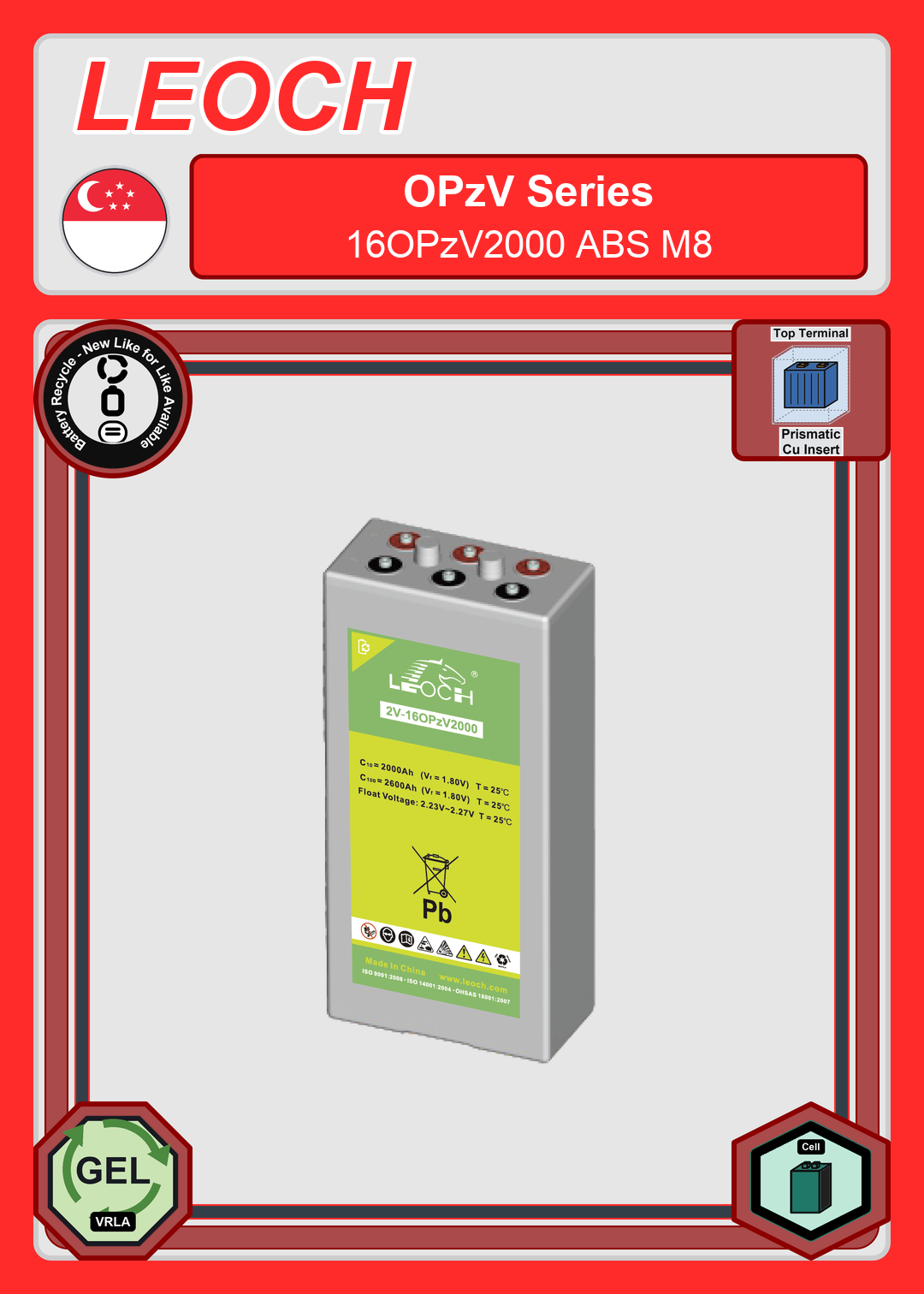 Battery Recycle Leoch Battery OPzV Series 16OPzV2000 ABS M8