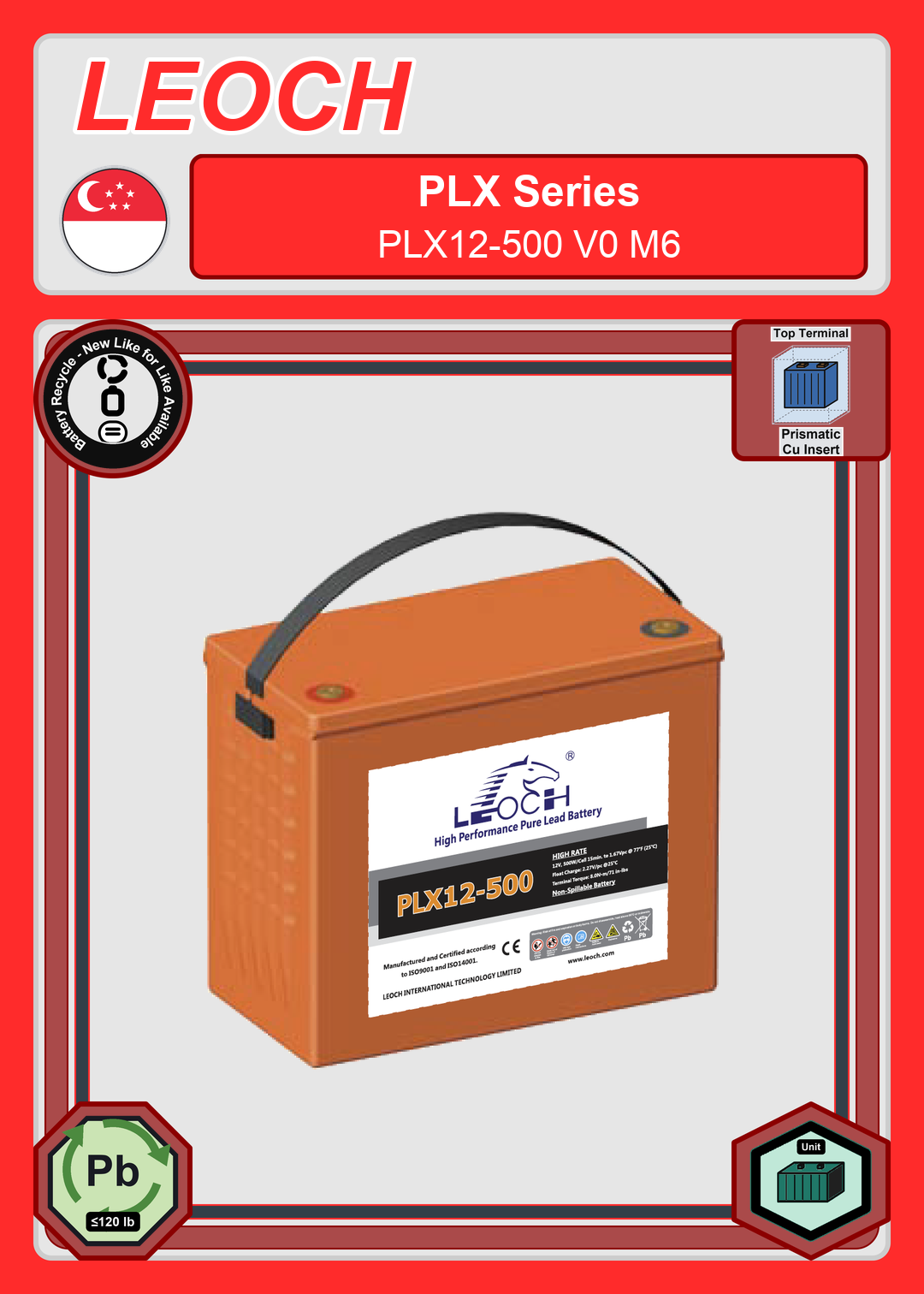 Battery Recycle Leoch Battery PLX Series PLX12 500 V0 M6