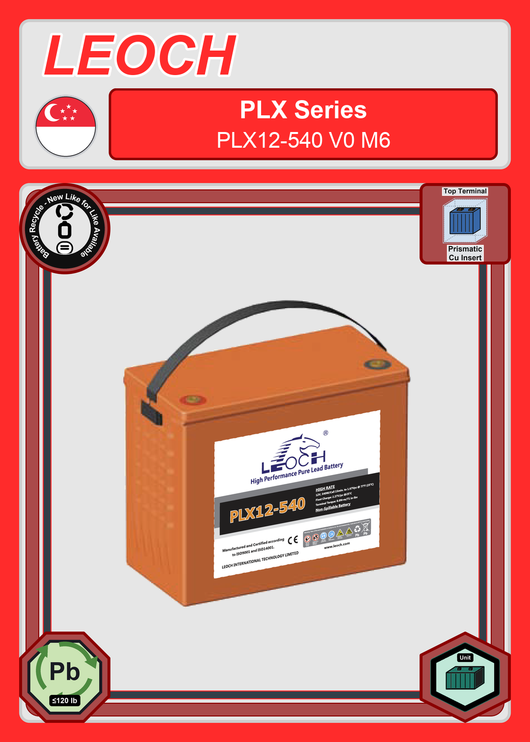 Battery Recycle Leoch Battery PLX Series PLX12 540 V0 M6