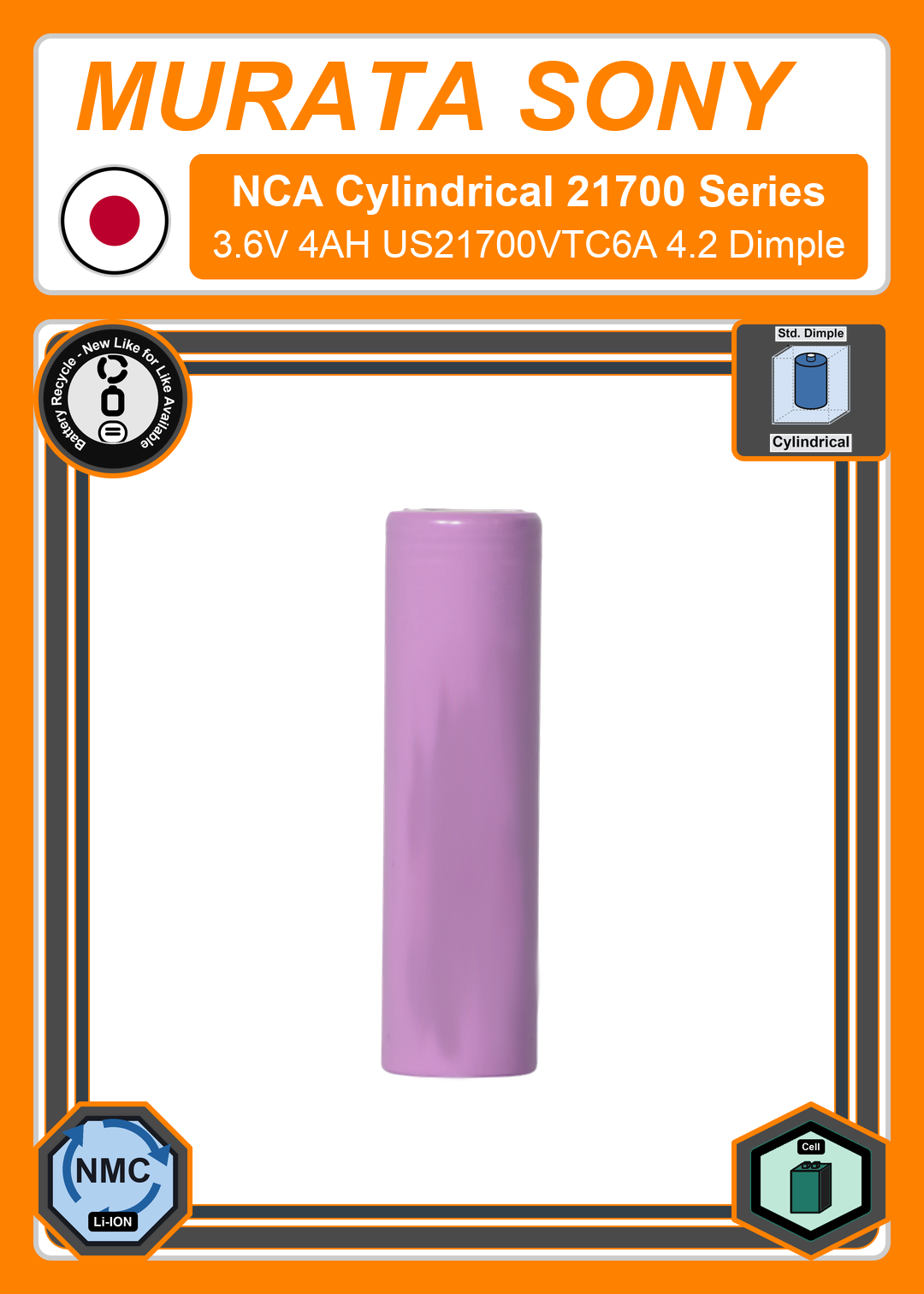 Battery Recycle Murata Sony Cylindrical 21700 High Energy Series 3 6V 4AH US21700VTC6A 4 2 Dimple