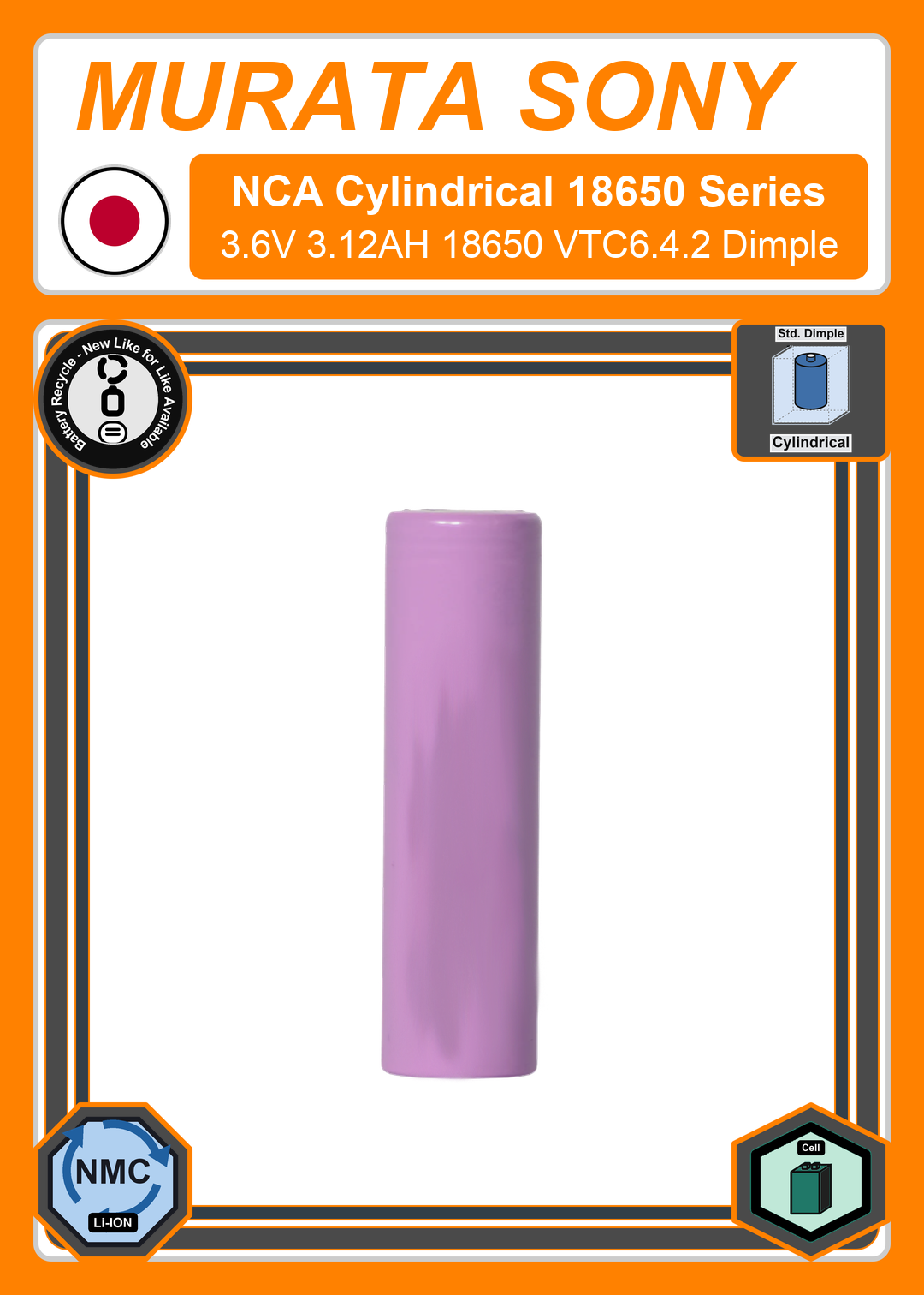 Battery Recycle Murata Sony Cylindrical 18650 Series 3 6V 3 12AH 18650 VTC6 4 2 Dimple