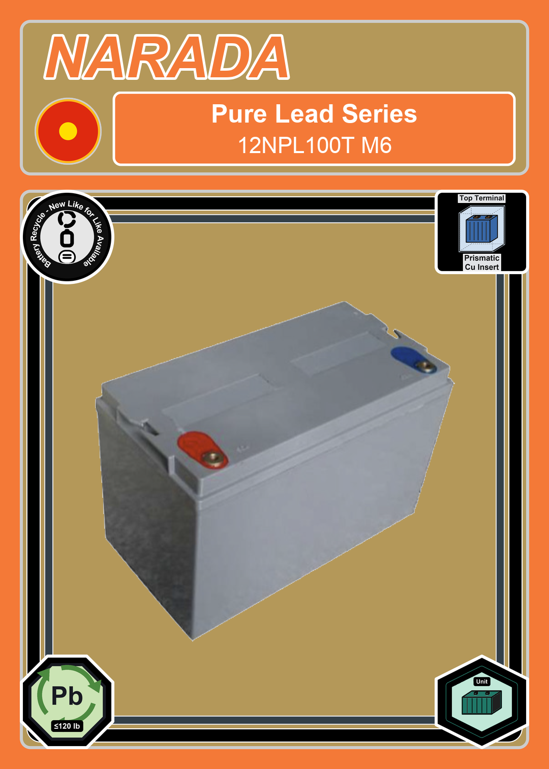 Battery Recycle Narada Pure Lead Series 12NPL100T M6