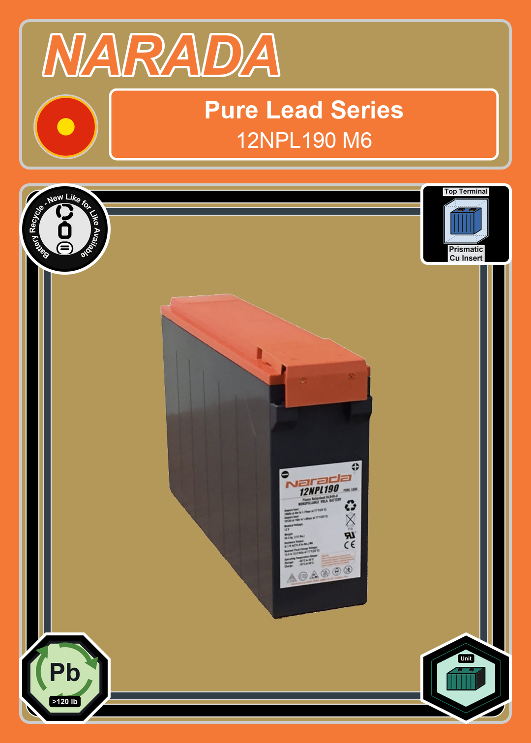 Battery Recycle Narada Pure Lead Series 12NPL190 M6