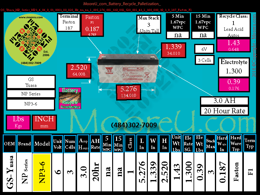 Product image for Battery Recycle Palletization GS Yuasa NP Series NP3 6