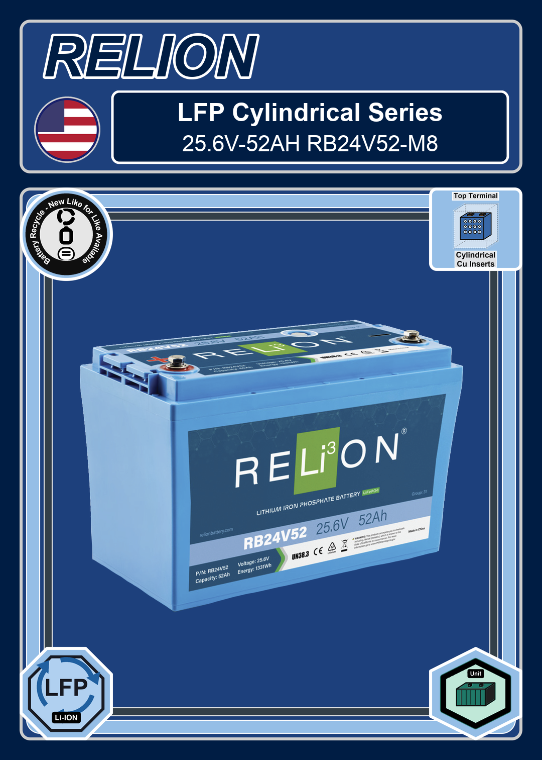 Battery Recycle Relion LFP Cylindrical Series 25 6V 52AH RB24V52 M8