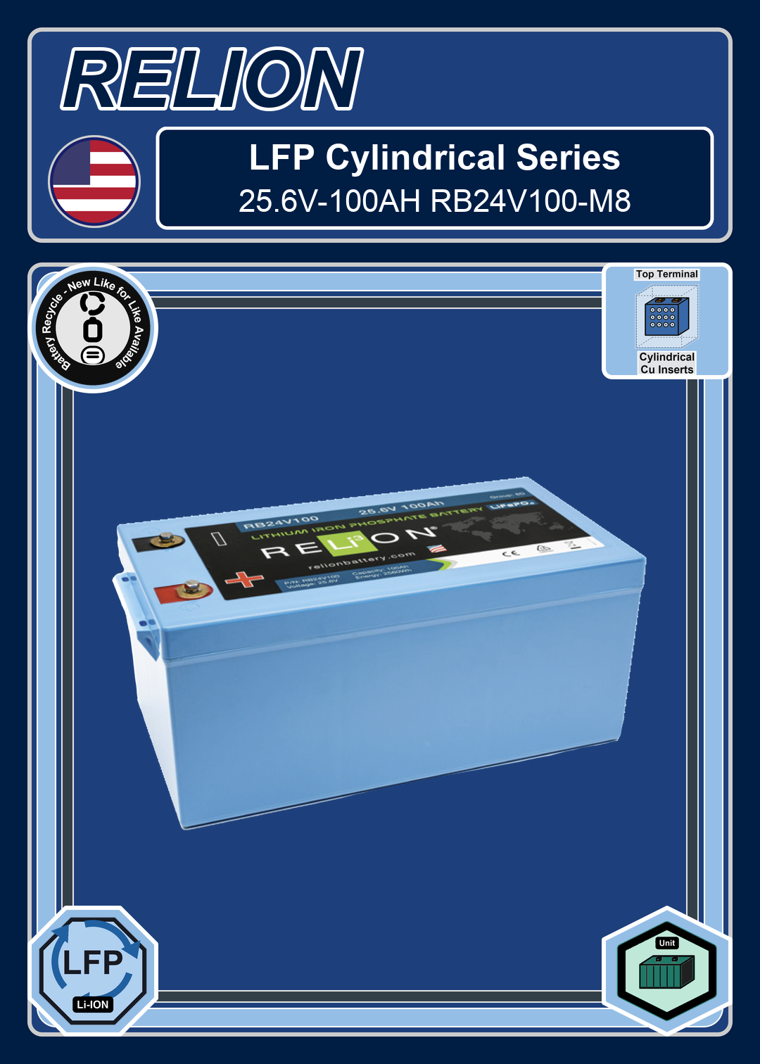 Battery Recycle Relion LFP Cylindrical Series 25 6V 100AH RB24V100 M8