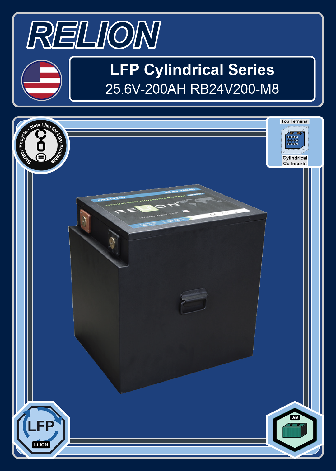 Battery Recycle Relion LFP Cylindrical Series 25 6V 200AH RB24V200 M8