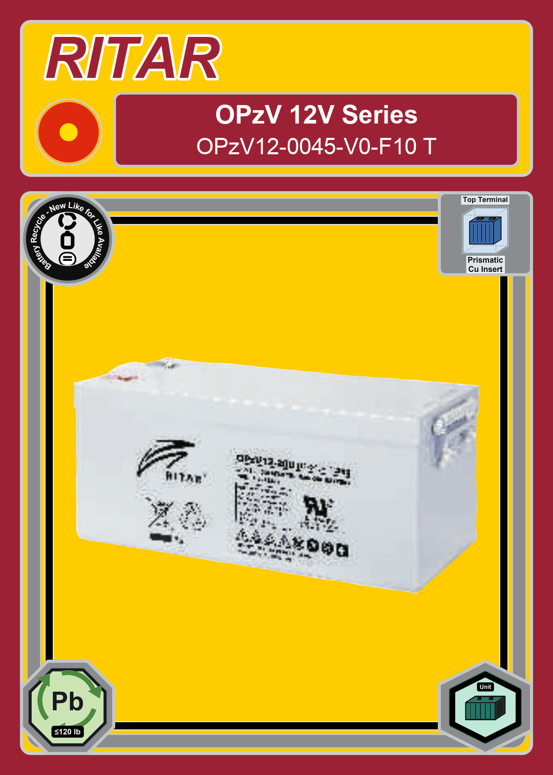 Battery Recycle Ritar OPzV Series OPzV12 0045 V0 F10 T