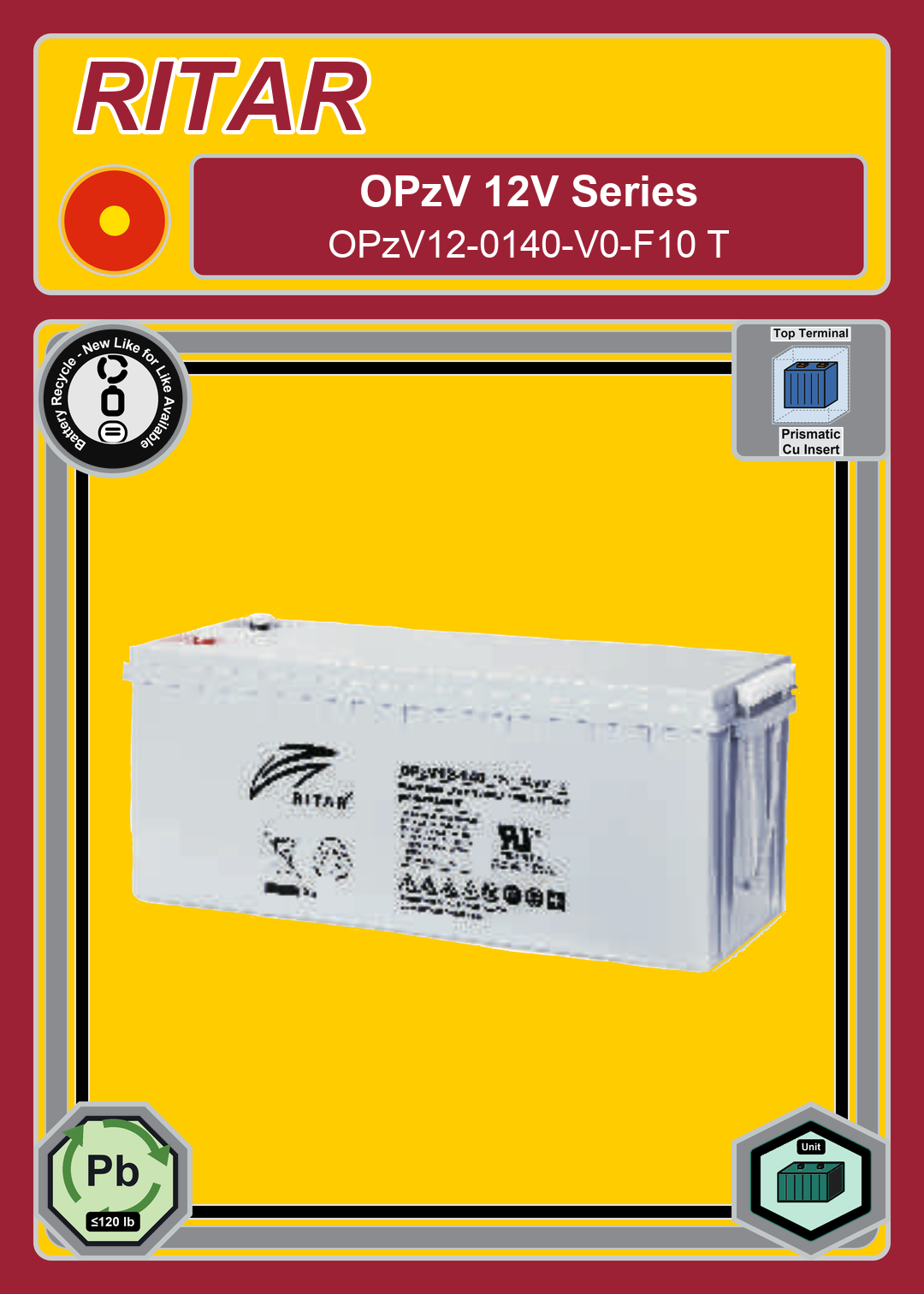 Battery Recycle Ritar OPzV Series OPzV12 0140 V0 F10 T