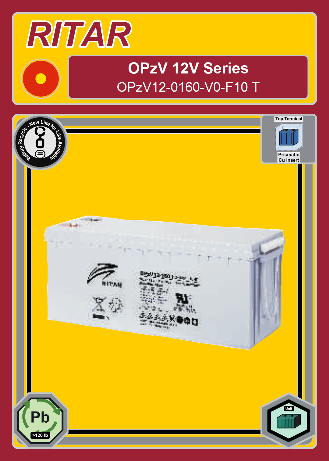 Battery Recycle Ritar OPzV Series OPzV12 0160 V0 F10 T