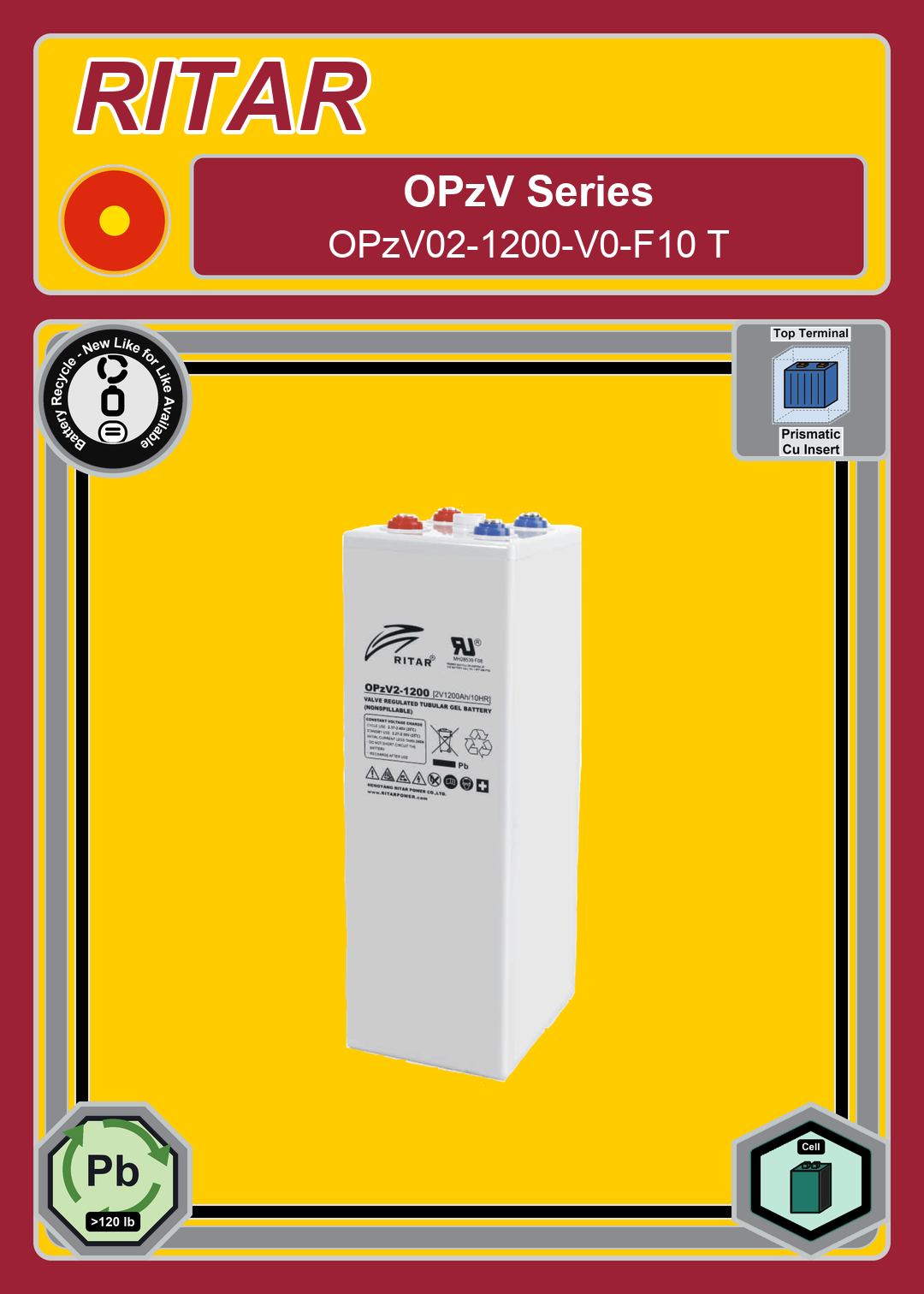 Battery Recycle Ritar OPzV Series OPzV02 1200 V0 F10 T