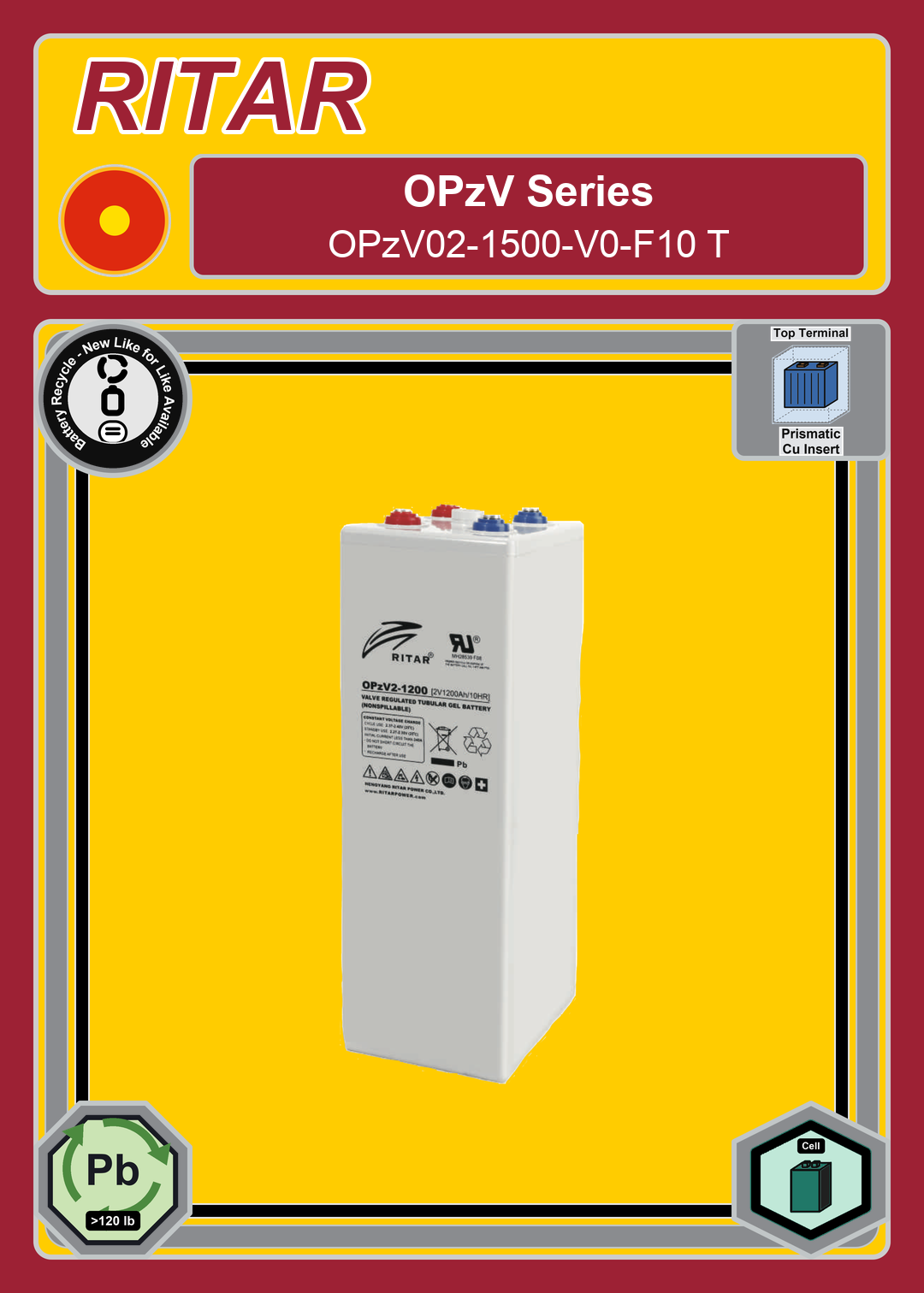 Battery Recycle Ritar OPzV Series OPzV02 1500 V0 F10 T