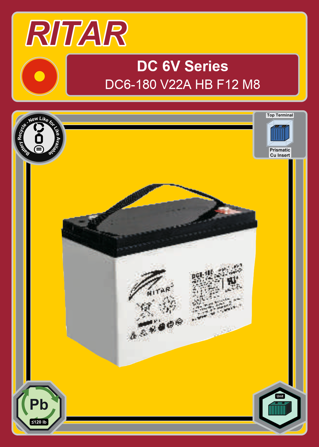 Battery Recycle Ritar DC Series DC6 180 V22A HB F12 M8