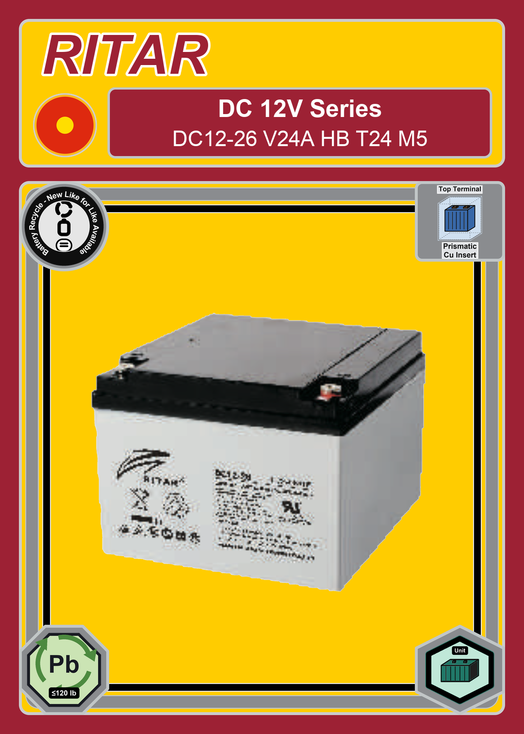 Battery Recycle Ritar DC Series DC12 26 V24A HB T24 M5