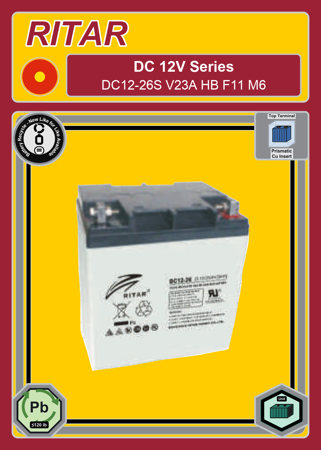 Battery Recycle Ritar DC Series DC12 26S V23A HB F11 M6