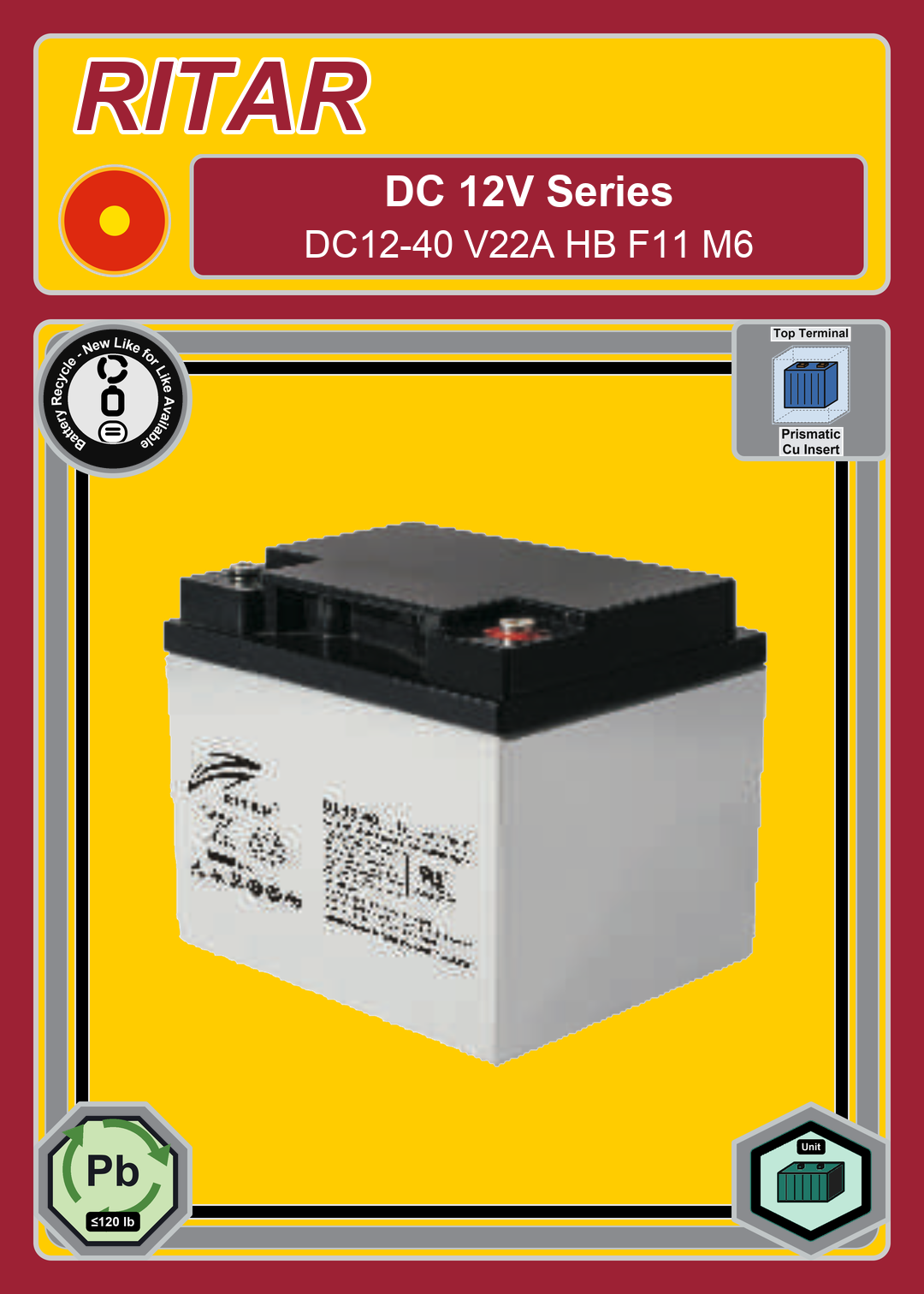Battery Recycle Ritar DC Series DC12 40 V22A HB F11 M6