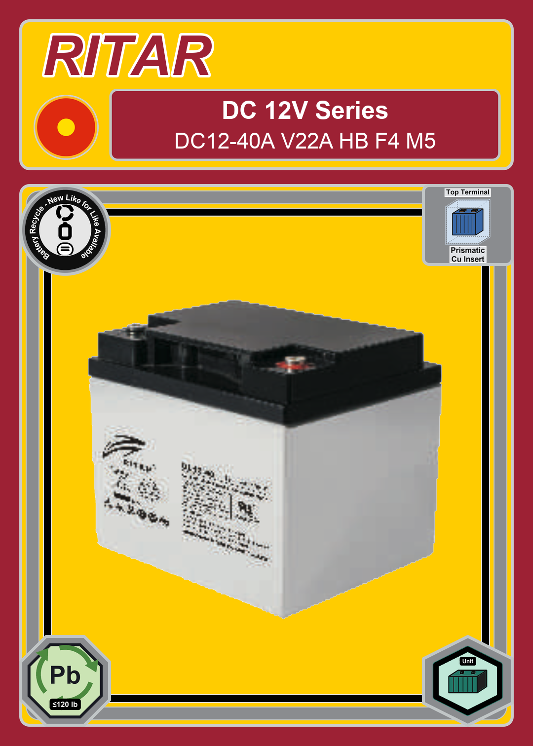 Battery Recycle Ritar DC Series DC12 40A V22A HB F4 M5