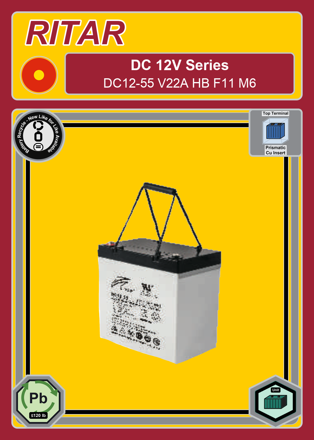 Battery Recycle Ritar DC Series DC12 55 V22A HB F11 M6