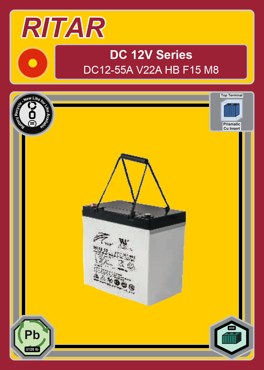 Battery Recycle Ritar DC Series DC12 55A V22A HB F15 M8