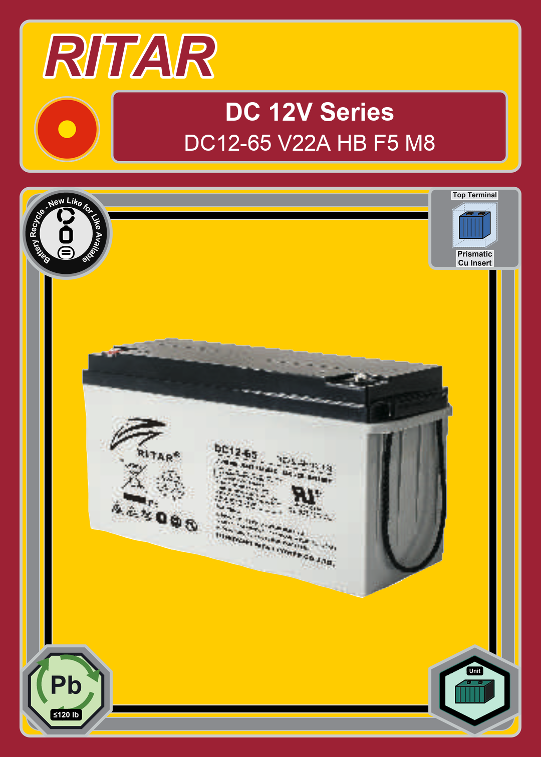 Battery Recycle Ritar DC Series DC12 65 V22A HB F5 M8