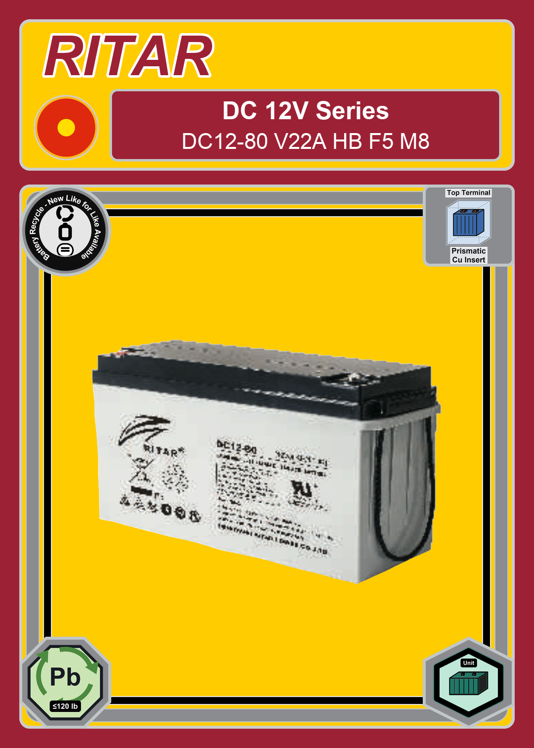 Battery Recycle Ritar DC Series DC12 80 V22A HB F5 M8