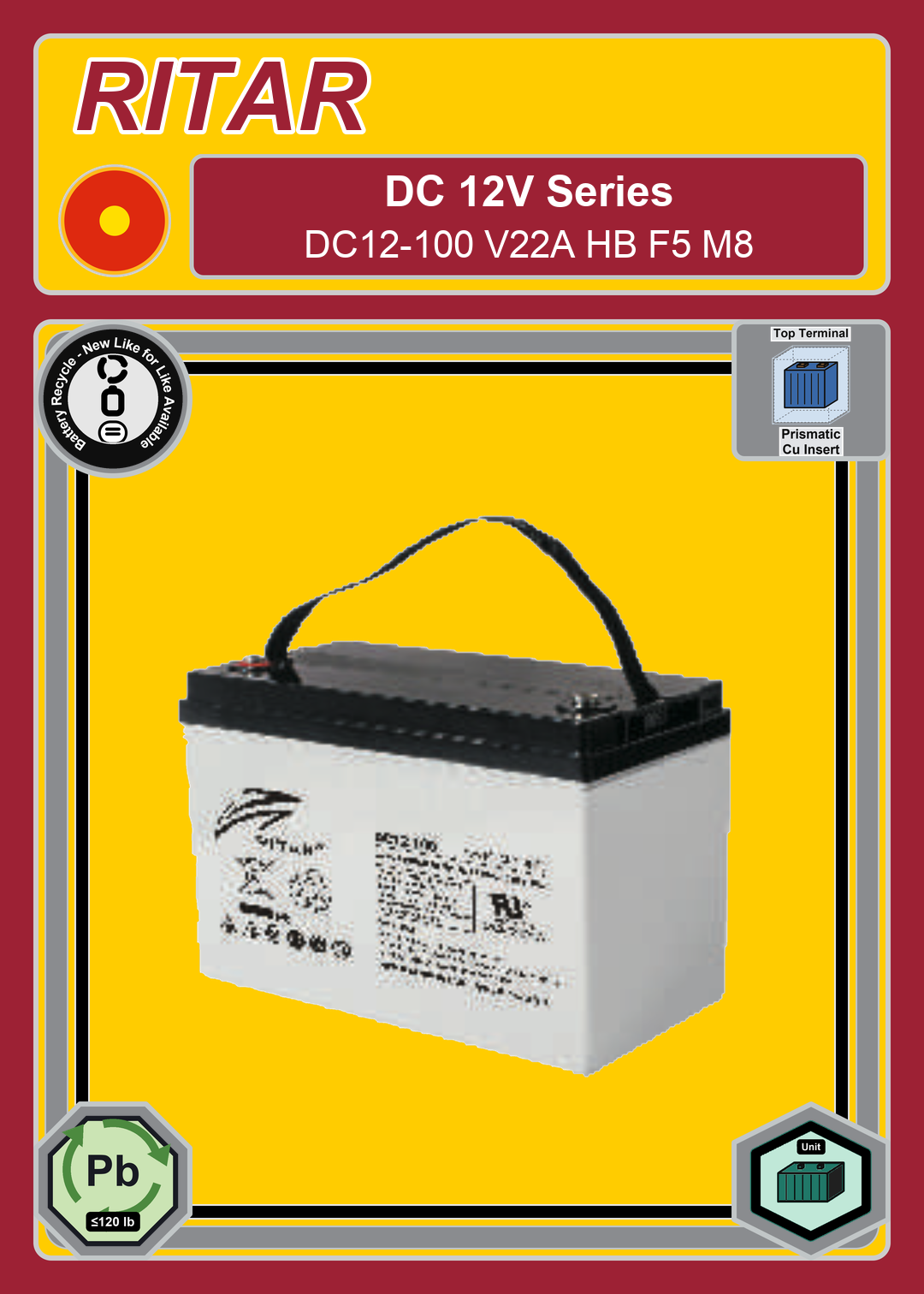 Battery Recycle Ritar DC Series DC12 100 V22A HB F5 M8