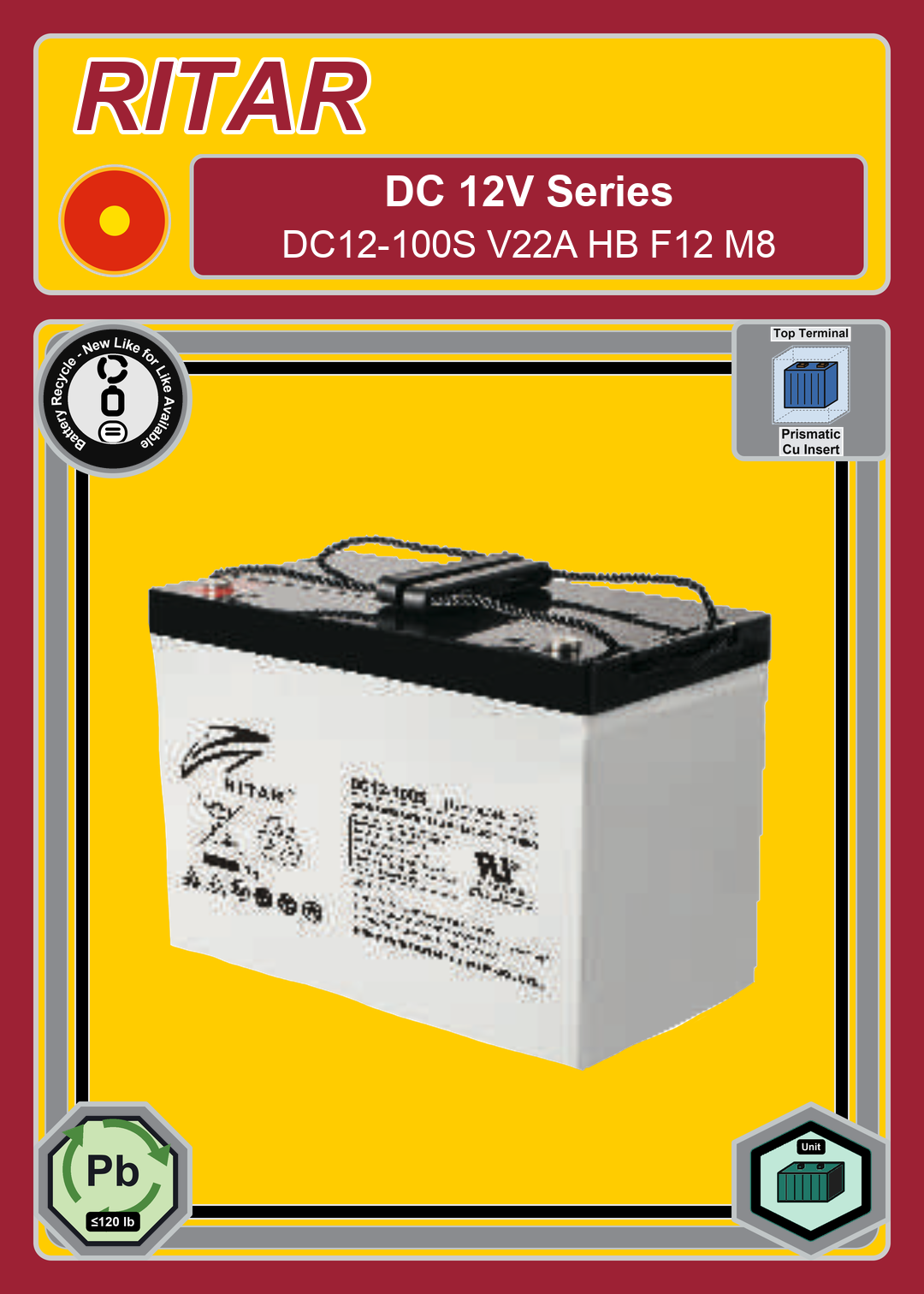 Battery Recycle Ritar DC Series DC12 100S V22A HB F12 M8