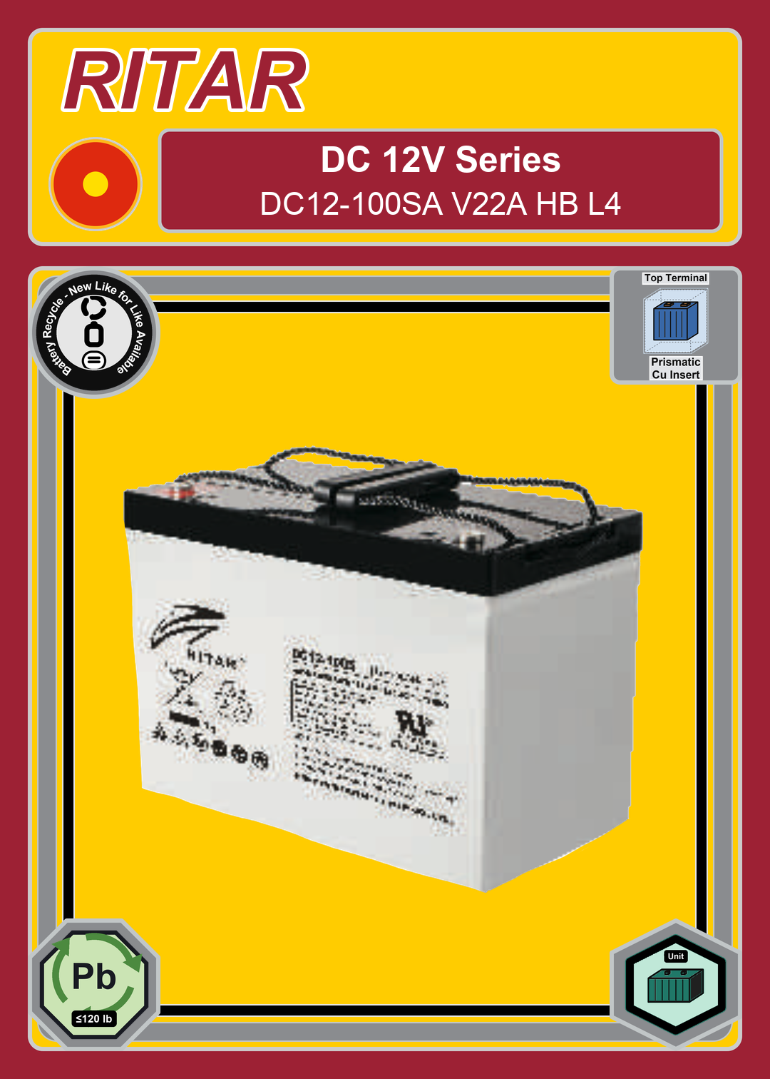 Battery Recycle Ritar DC Series DC12 100SA V22A HB L4