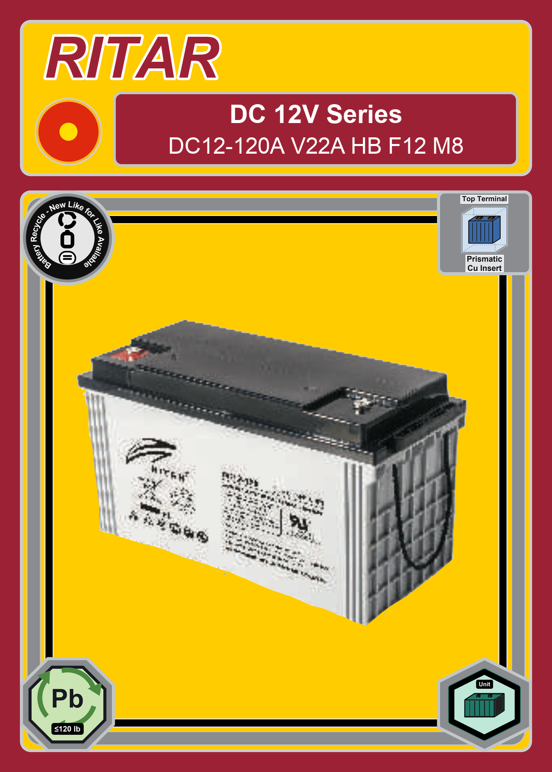 Battery Recycle Ritar DC Series DC12 120A V22A HB F12 M8