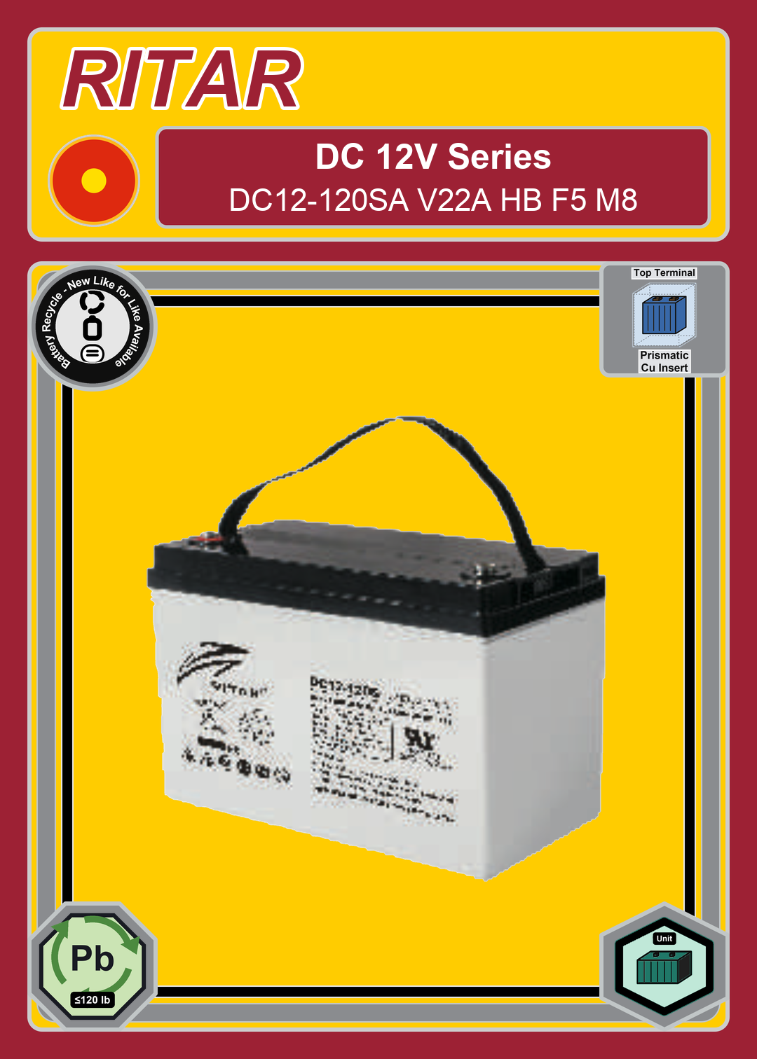 Battery Recycle Ritar DC Series DC12 120SA V22A HB F5 M8