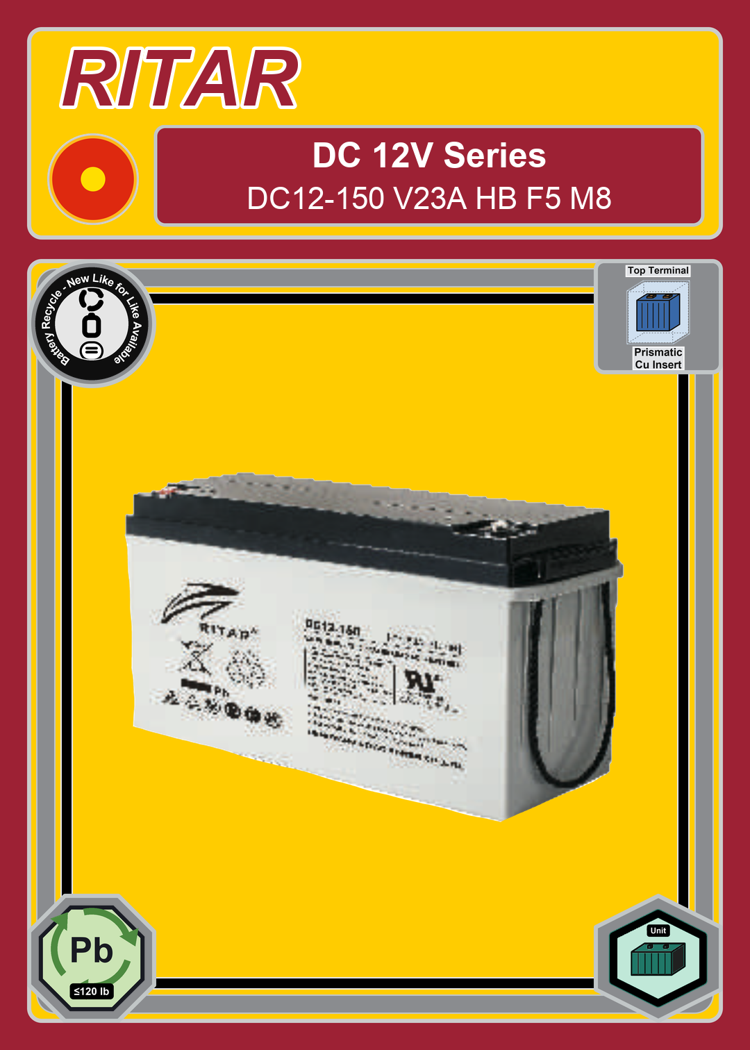 Battery Recycle Ritar DC Series DC12 150 V23A HB F5 M8