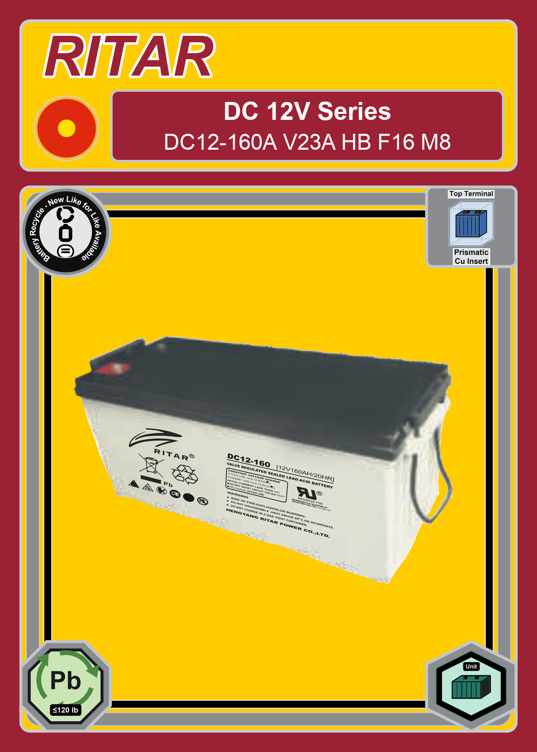 Battery Recycle Ritar DC Series DC12 160A V23A HB F16 M8