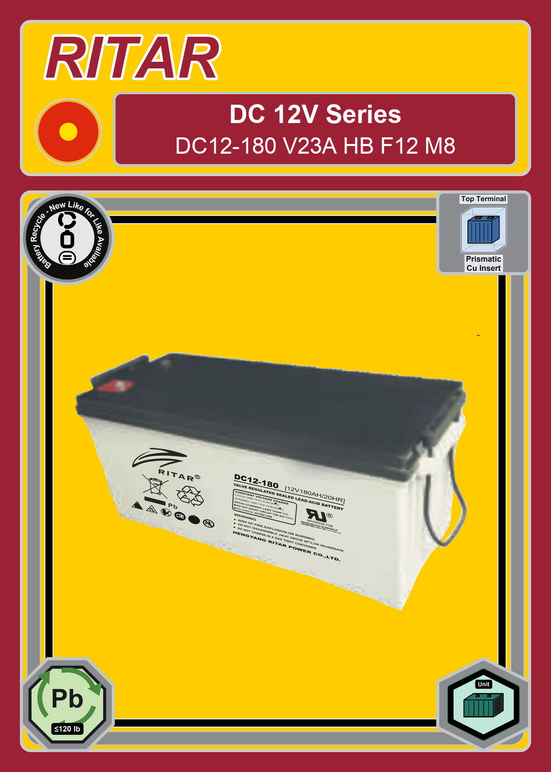 Battery Recycle Ritar DC Series DC12 180 V23A HB F12 M8