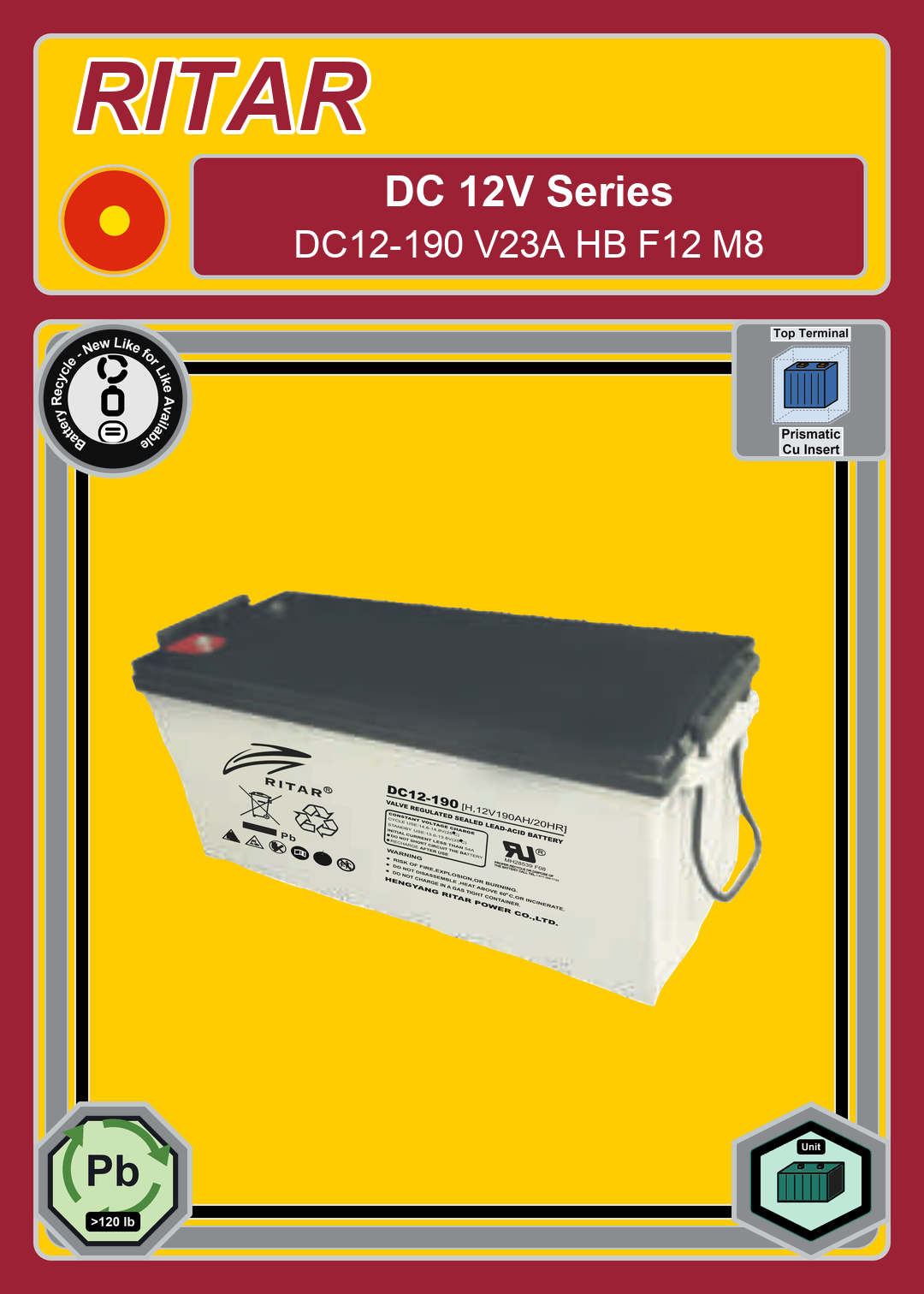 Battery Recycle Ritar DC Series DC12 190 V23A HB F12 M8