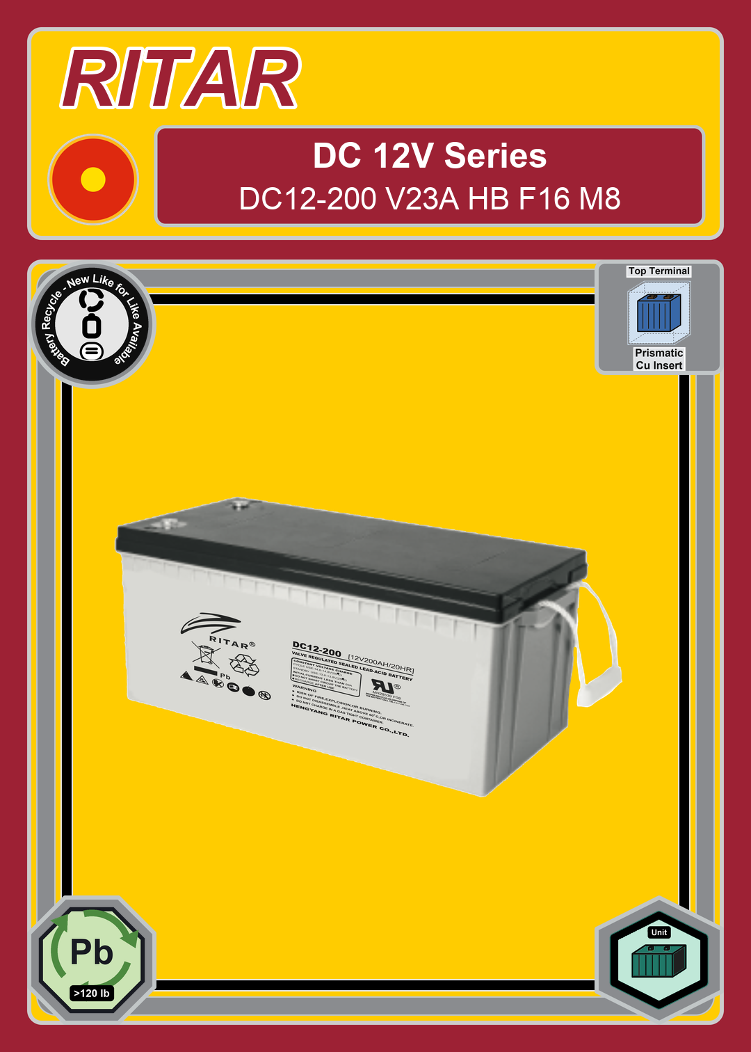 Battery Recycle Ritar DC Series DC12 200 V23A HB F16 M8