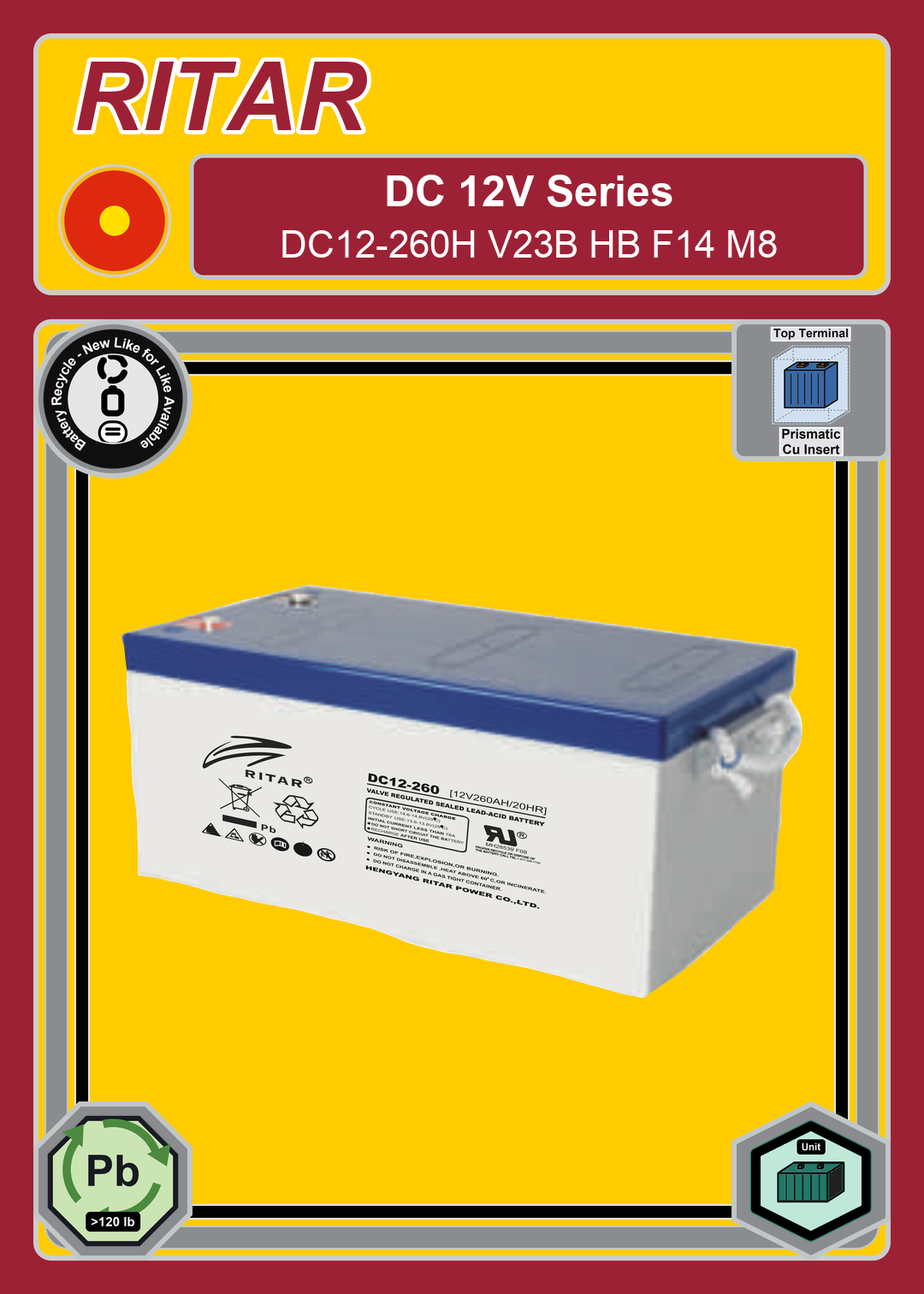 Battery Recycle Ritar DC Series DC12 260H V23B HB F14 M8