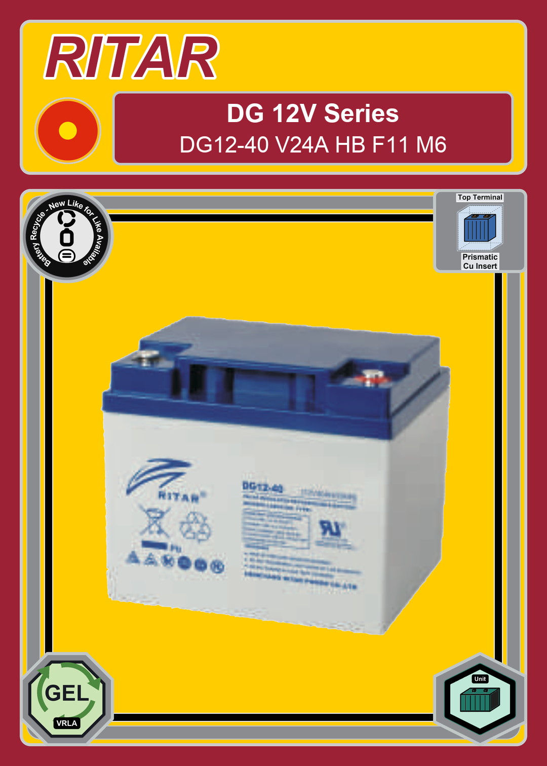 Battery Recycle Ritar DG Series DG12 40 V24A HB F11 M6