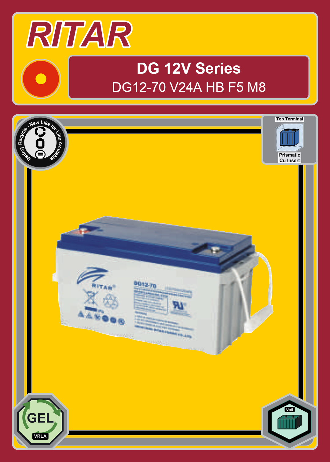Battery Recycle Ritar DG Series DG12 70 V24A HB F5 M8