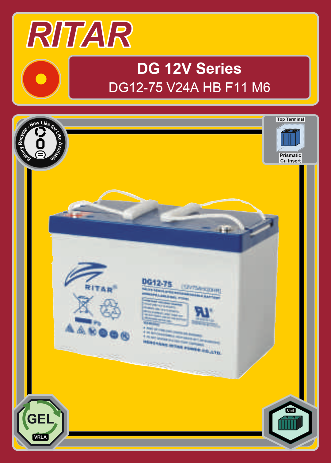 Battery Recycle Ritar DG Series DG12 75 V24A HB F11 M6