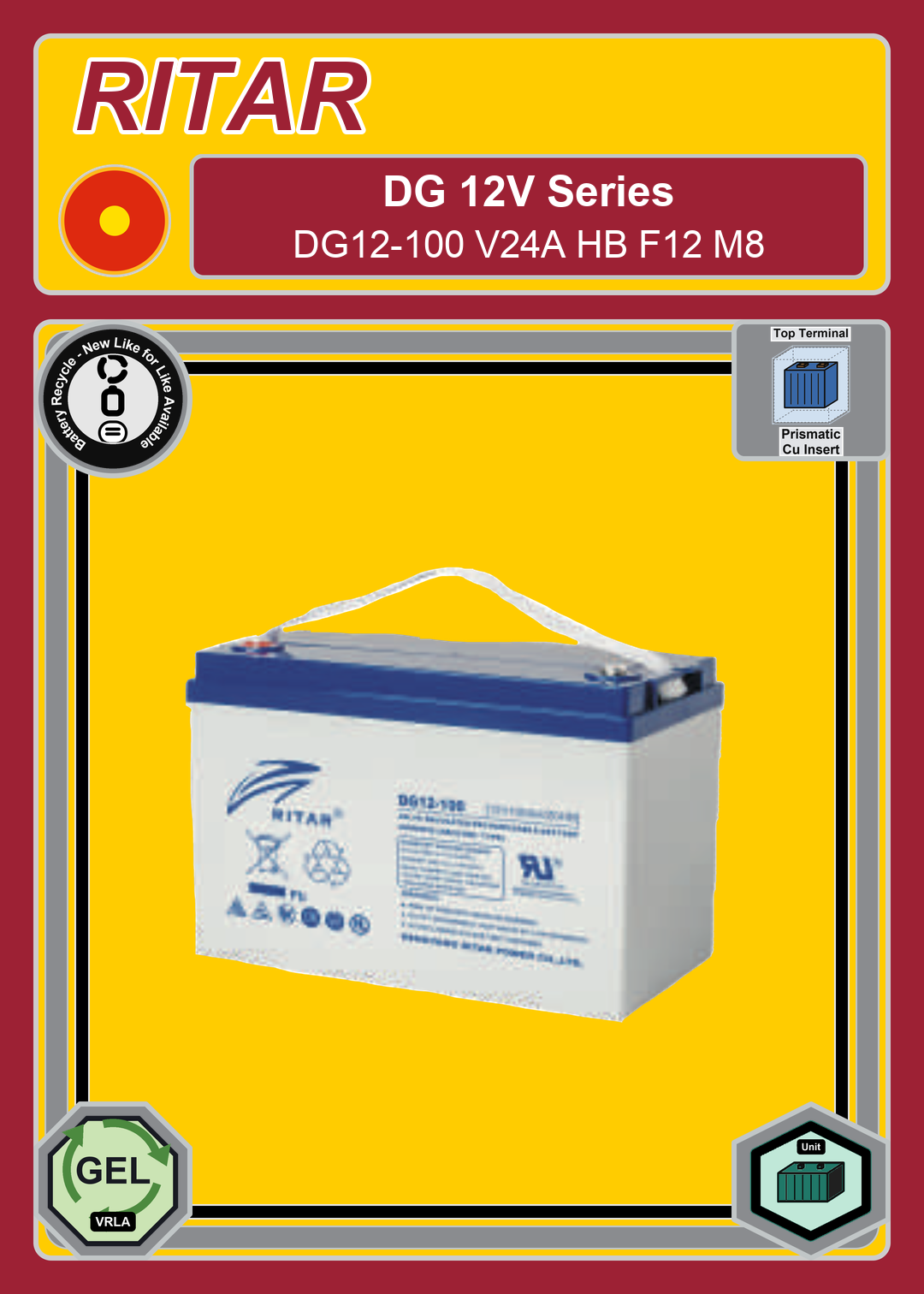 Battery Recycle Ritar DG Series DG12 100 V24A HB F12 M8