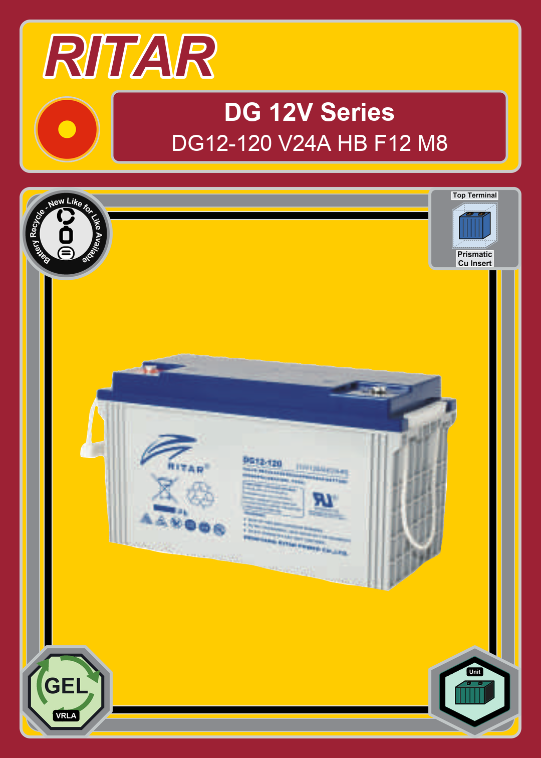 Battery Recycle Ritar DG Series DG12 120 V24A HB F12 M8