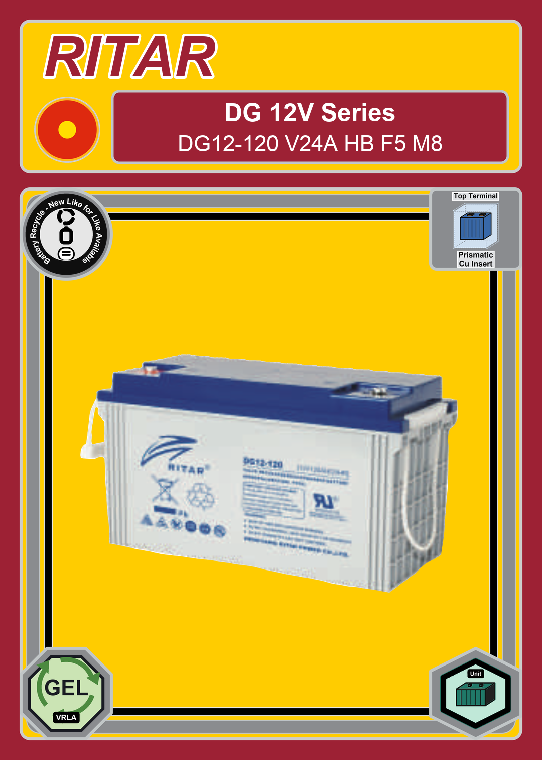 Battery Recycle Ritar DG Series DG12 120 V24A HB F5 M8