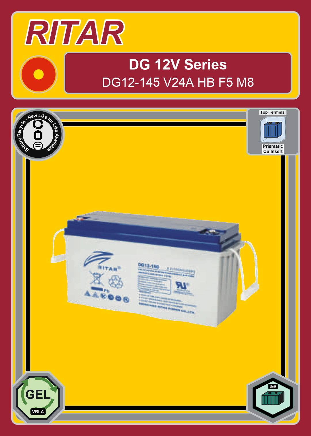 Battery Recycle Ritar DG Series DG12 145 V24A HB F5 M8